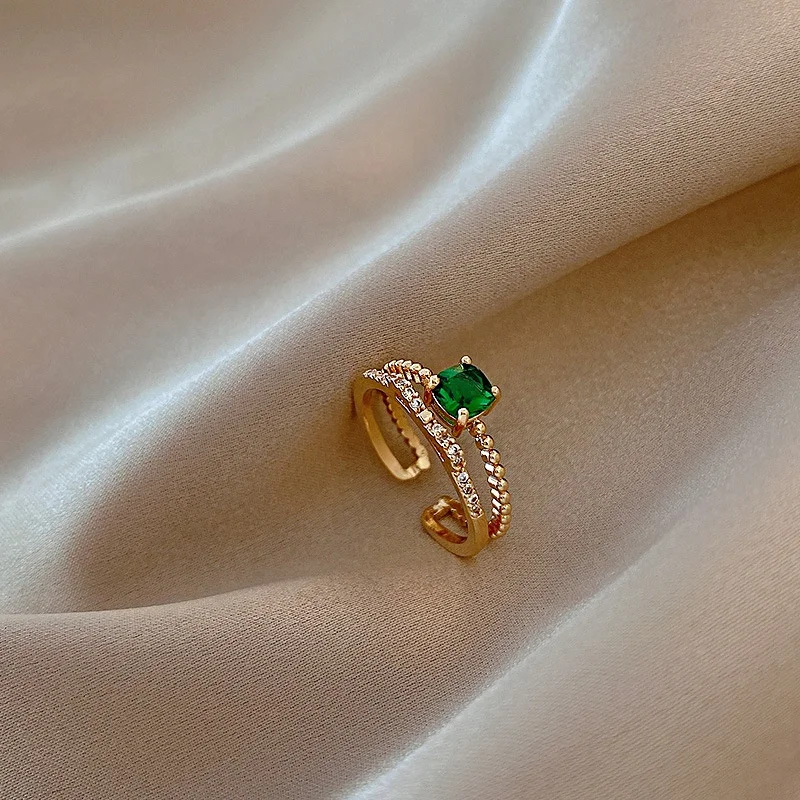 

Fashion Green Crystal Delicate Zircon Bowknot Adjustable Rings For Women Girls Micro Pave 2 Layer Finger Ring Jewelry