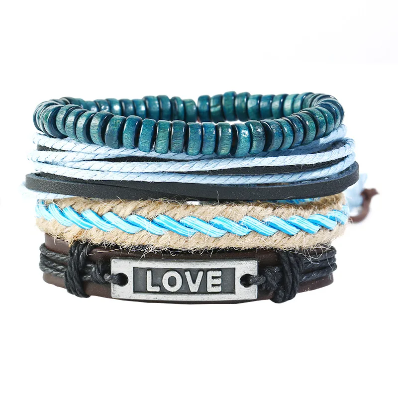 

2021 4in1 Fashion Four Layers Multi-Layers Leather Wrap Wooden Beaded Blue Hemp Rope Braided Punk Letter LOVE Jewelry Bracelet