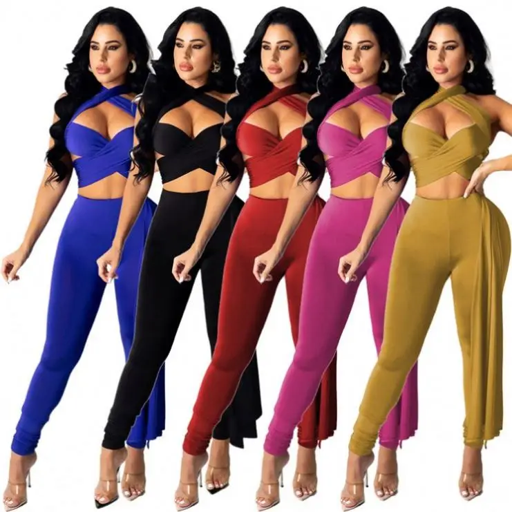 

TINA Latest Design 2021 Summer V Neck Halter Solid Color Stylish Sexy Bodycon Sets Two Piece Set Women Clothing