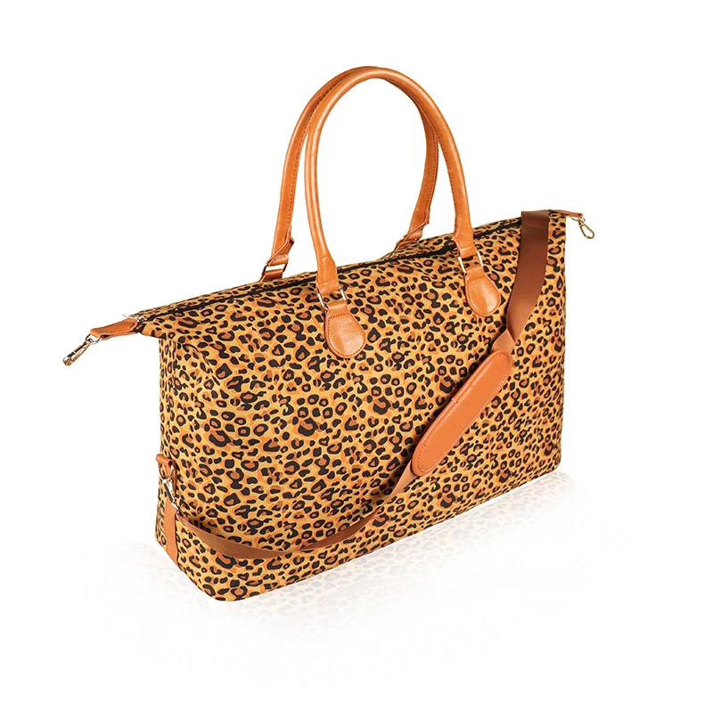 

Leopard Canvas Zipper Travel Bag Wholesale Personalized Leopard Canvas Duffle Bag With Leather Strap, As pics show
