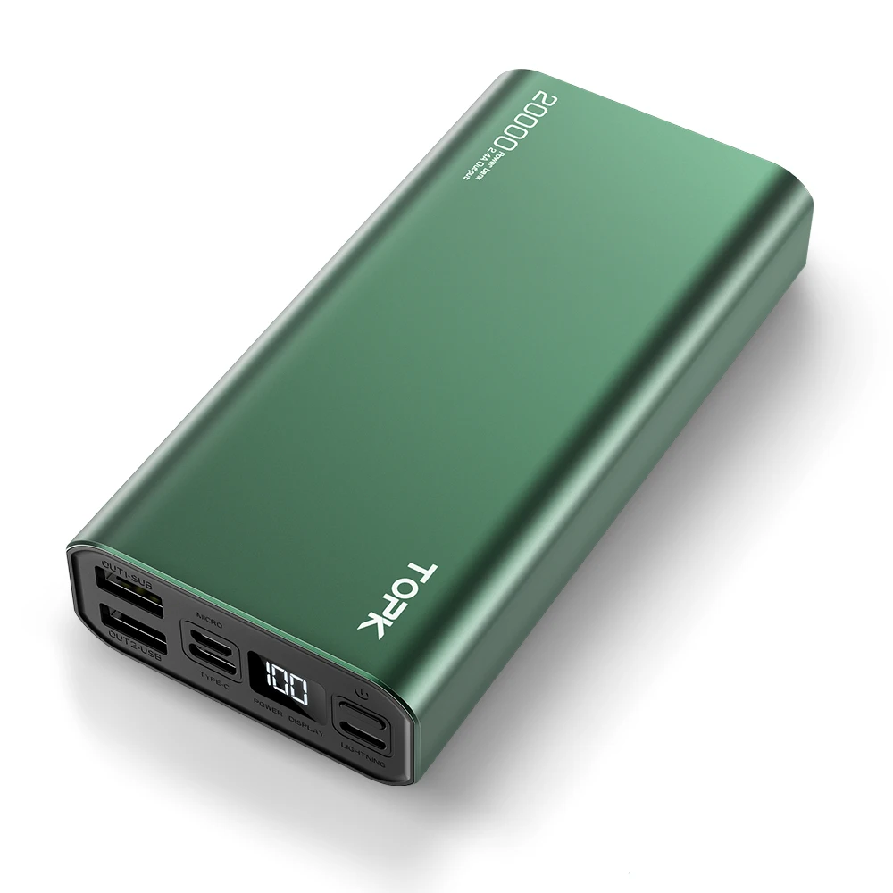 

New Design LED Display 20000mah TOPK PD Power Bank I2006 Aluminum Shell Portable Mobile Charger Power Banks, Blue / green