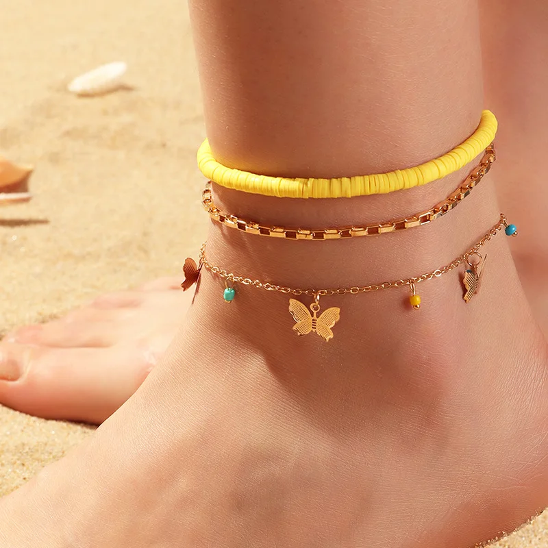 

Best Selling 18k Gold Plated Multi Layers Butterfly Anklet Chains Colorful Beads Butterfly Pendant Beach Anklets