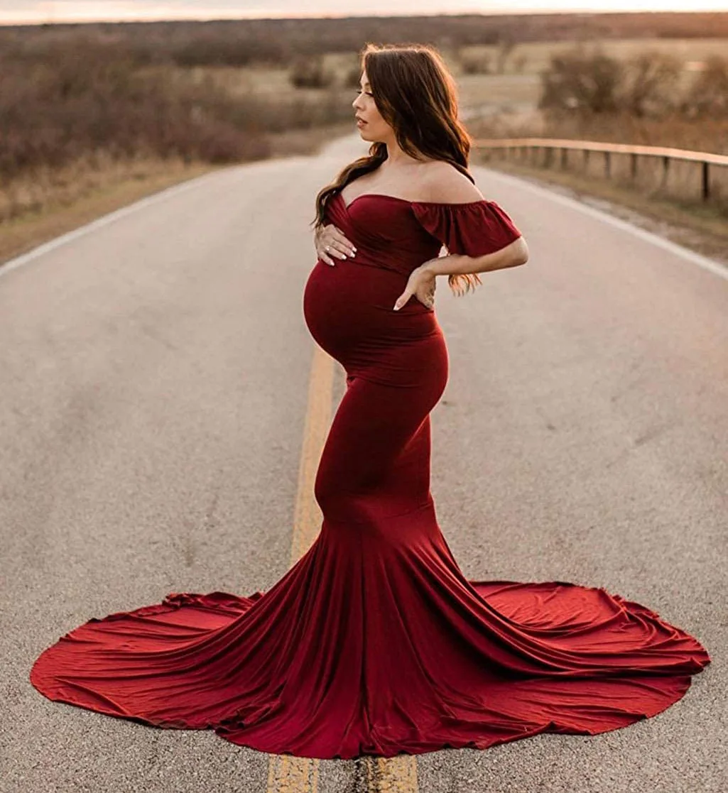 

European and American women's dresses mercerized cotton pregnant women flounces sleeve cuff v-neck trailed dress photography, As picture