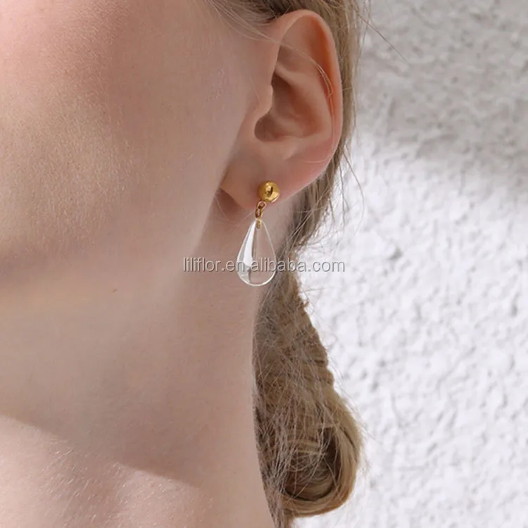 18K Gold Plating Brass Jewelry Transparent Water Drop Shape Ear Stud For Women Cute Geometric Dangle Earings EC191064