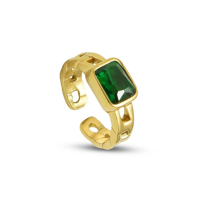 

2021 Delicate Gemstone Jewelry Stainless Steel Emerald Finger Rings Link Chain Open Black Stone Square Zircon Rings Women