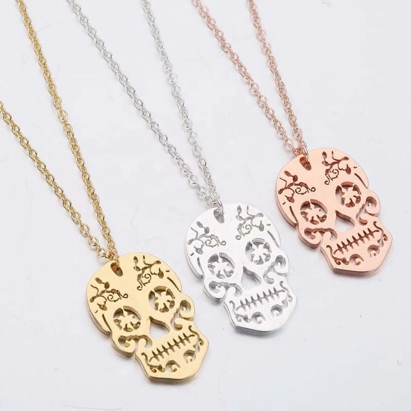 

Halloween Hip Hop Necklace Niche Stainless Steel Hollow Skull Pendant Clavicle Chain Necklace, Rose gold, white, gold