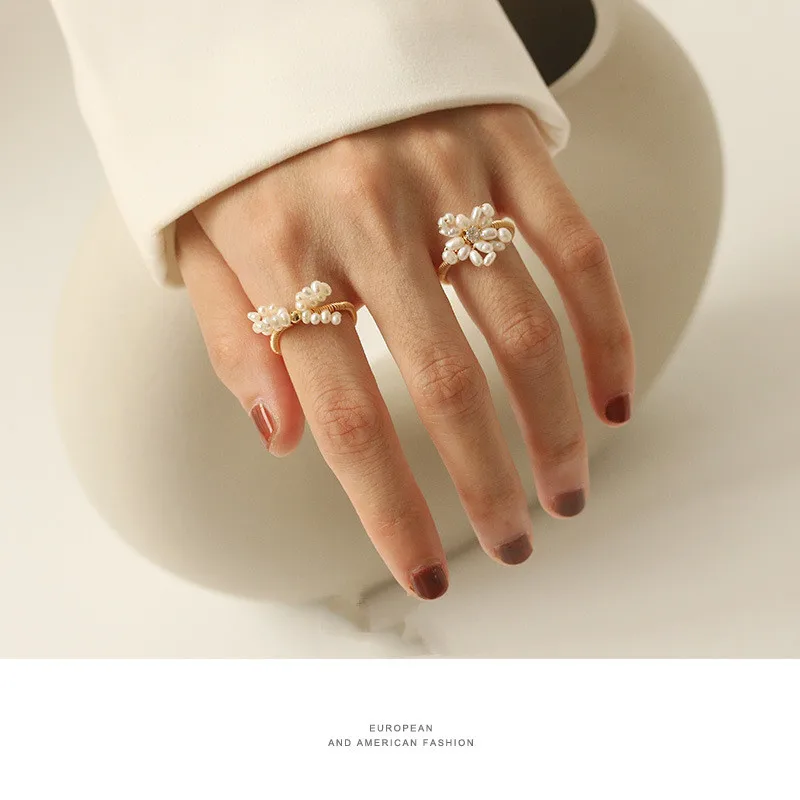 

New Vintage Delicate Natural Pearl Beads Knuckle Ring Creative Handmade Bow Knot Flower Finger Ring For Women Jewelry Gifts