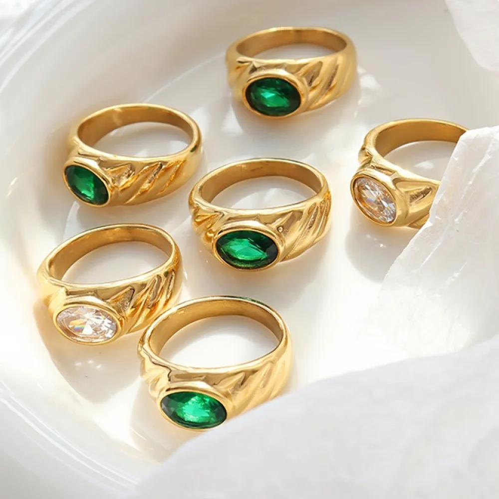 

Waterproof Jewelry 18k Gold Plated Ring Jewelry Stainless Steel Chunky Clear Green Stone Ring Big Diamond Ring for Women