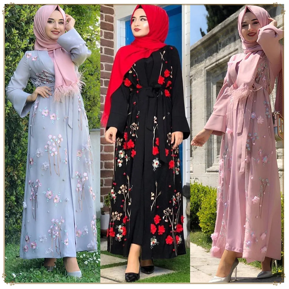 

Middle East Turkish Embroidered Three-Dimensional Flower Robe One-Piece Dress Islamic Clothing, Pink black blue