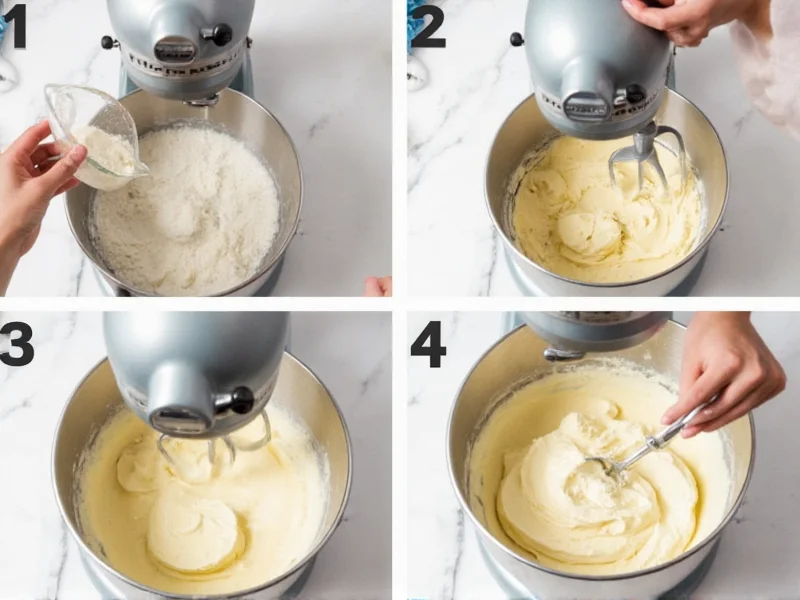 Step-by-step buttercream mixing process in stand mixer