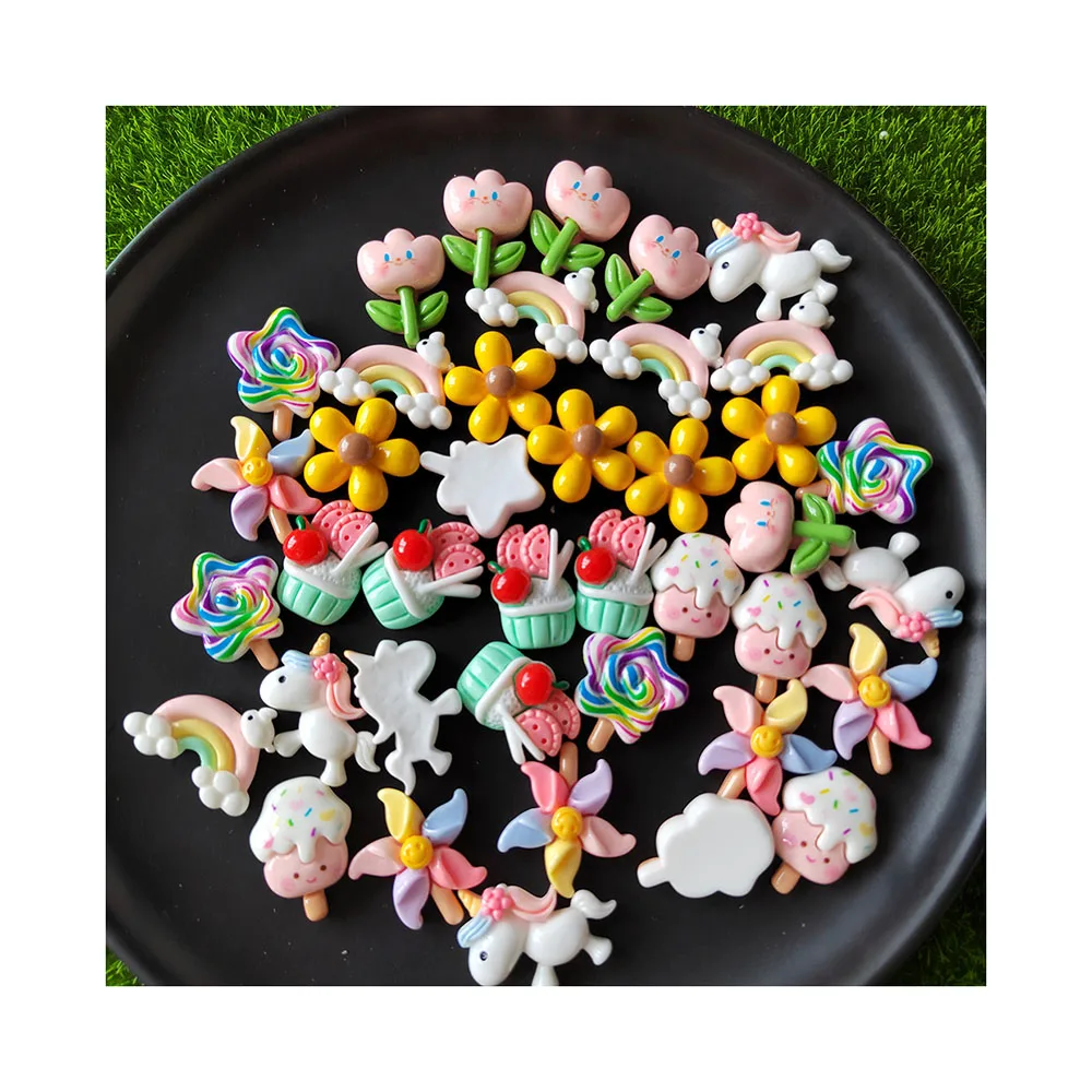 

100Pcs Resin Cartoon Unicorn Ice Cream Flower Rainbow Flat Back Scrapbook Kawaii DIY Home Embellishments Hairpin Accessories