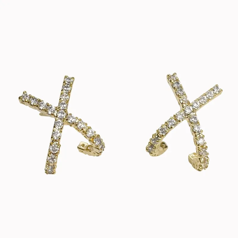 Womens jewelry 925 sterling silver full diamond 18K gold plated CZ zircon cross statement stud earrings