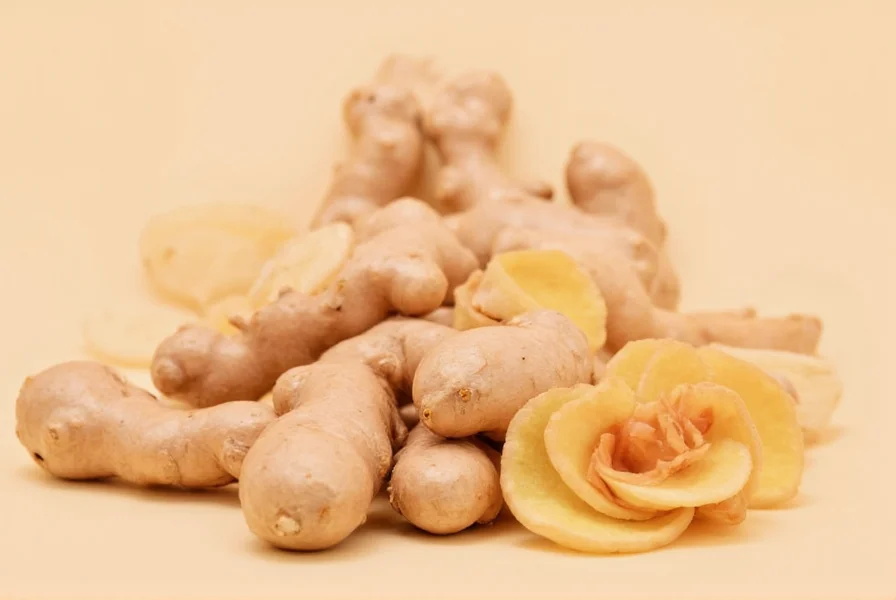 Fresh ginger root slices next to ginger tea cup and capsules for pregnancy nausea relief