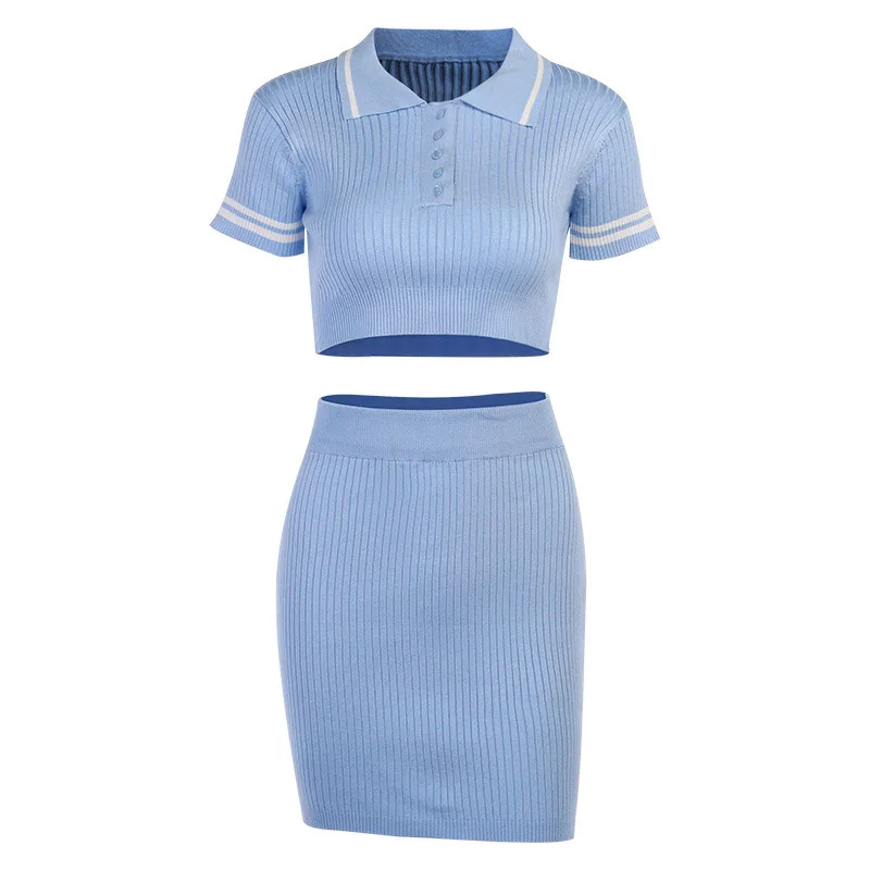 

Mutongyi Professional Stylish Knitting Shirt Casual V-Neck Two Pieces Set Women Suits For Sale, Blue