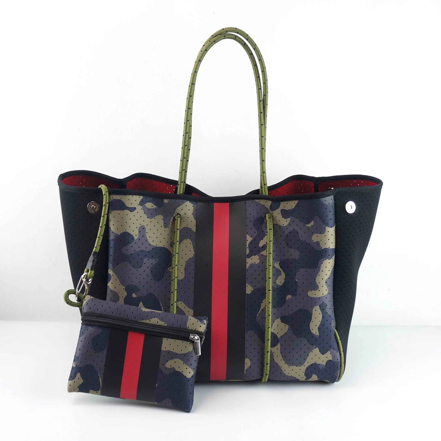 

2021 New green camouflage pink stripe neoprene tote