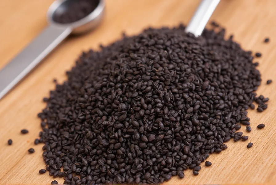 Close-up view of black cumin seeds (Nigella sativa) on wooden surface with measuring spoon