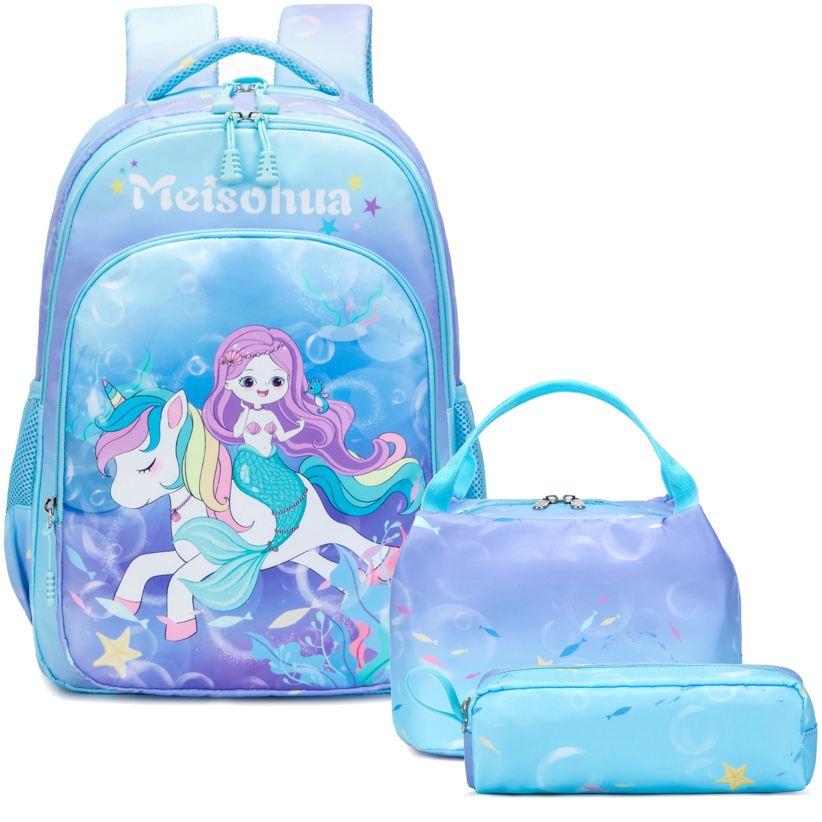 

2021 Meisohua New Products Special Unicorn Mermaid Pattern 3 in 1 Backpack with Lunch Box and Pencil Case for Girls SchoolBag, Blue