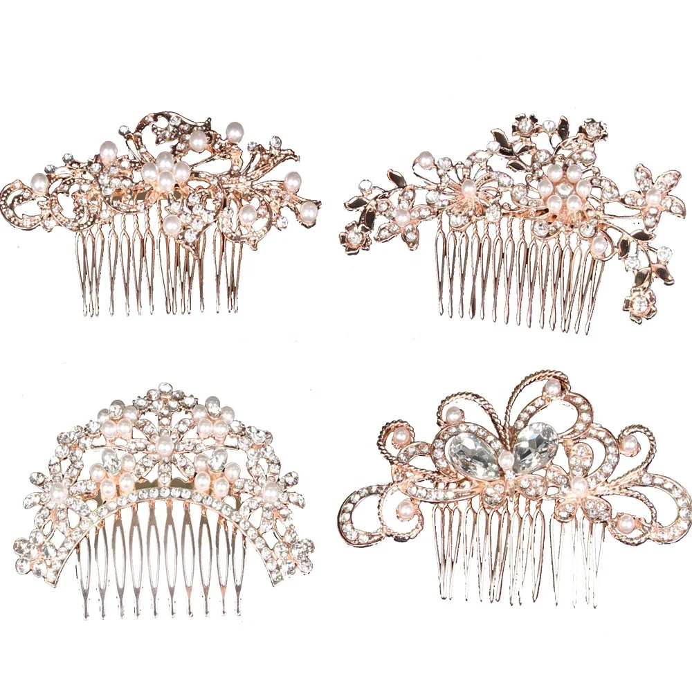 

Fashion Bride Hair Jewelry Accessories Alloy Rhinestone Pearl Hair Comb for Wedding, Rose gold