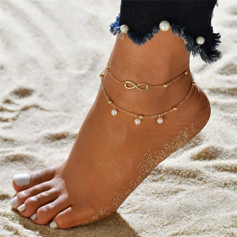 

2021 Summer Foot Jewelry Adjustable Chain Gold Plated Pearl Anklet Double Layers Alpha Link Chain Pearl Anklet Bracelet