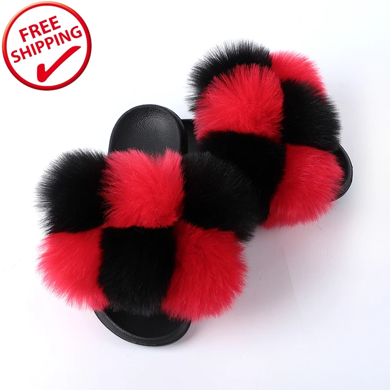 

Free Shipping Wholesale price real fur slippers flush soft raccoon fur slipper outdoor slider sandals fox fur slides for women, Light brown, dark brown, white pink purple