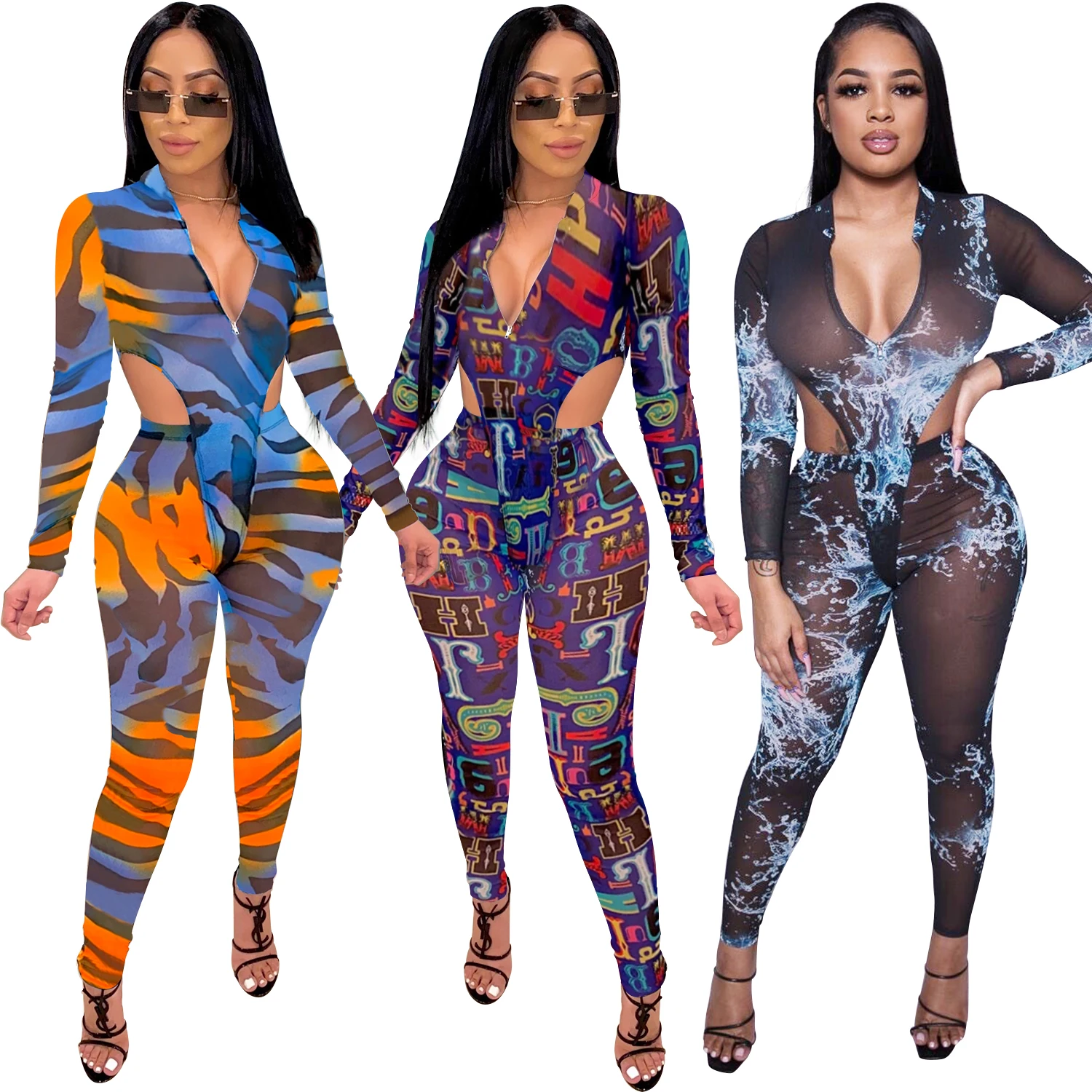 

2020 Summer fashion print sexy ladies 2 pcs set sheer jumpsuit for women
