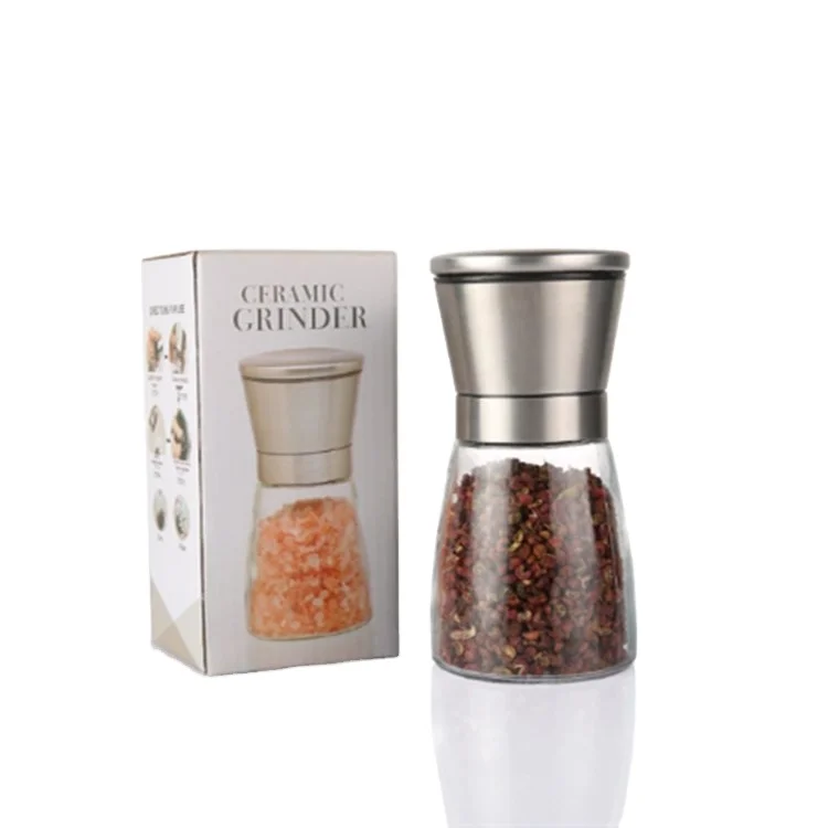 

160ml ceramic core spice grinder cap Stainless steel Salt and Pepper Grinder Set popular type glass bottle seasoning grinder, Customized
