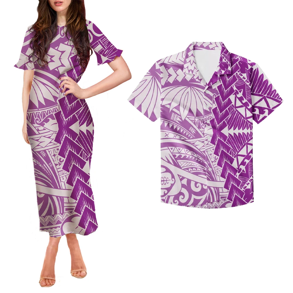 

Custom Women Dress Match Men Shirts Valentine's Day 2 pieces sets Polynesian Samoan Tribal Print Purple Sets of Couples Clothing, Customized color