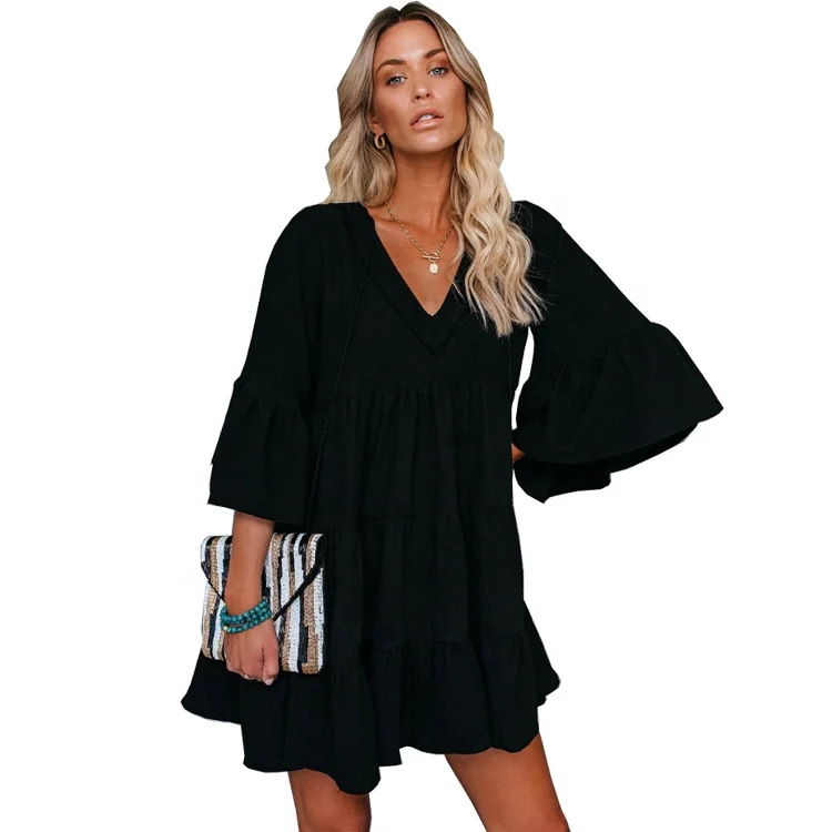 

Women Splicing V-Neckline Knee-length Dress Short Sleeve Ruffle Loose Swing Dress Female Casual Straight Dresses