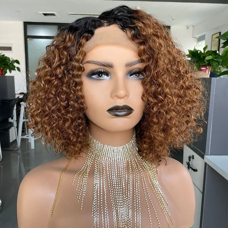 

Double Drawn Full And Thick 12" 1b 30# ombre color Deep Curly Wig Pre Plucked With Baby Hair T Part Lace Front Human Hair Wigs