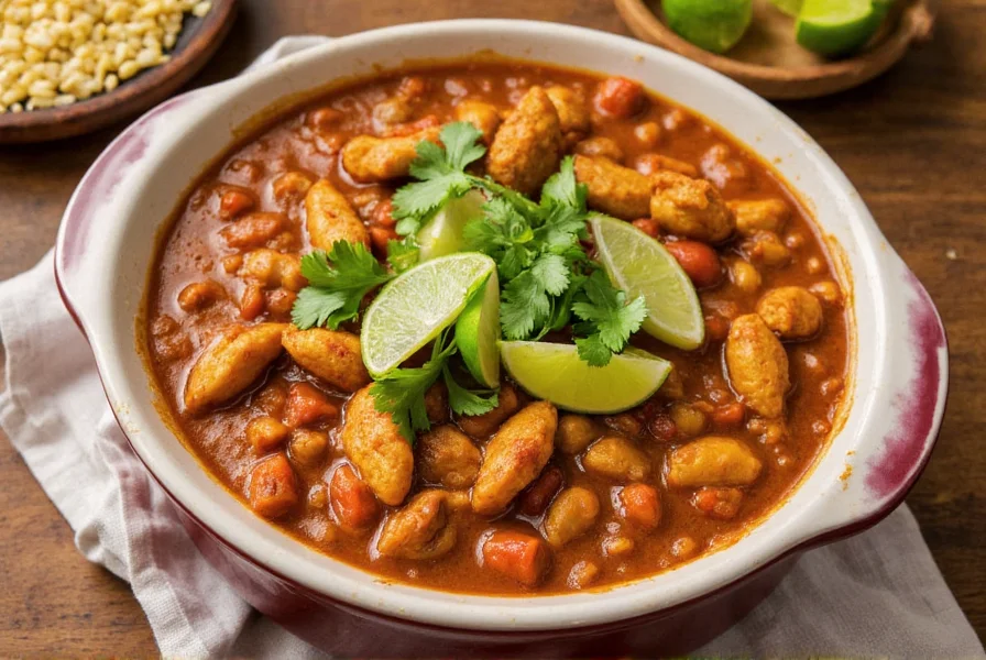 Slow cooker filled with golden chicken chili topped with fresh cilantro and lime wedges on a wooden table