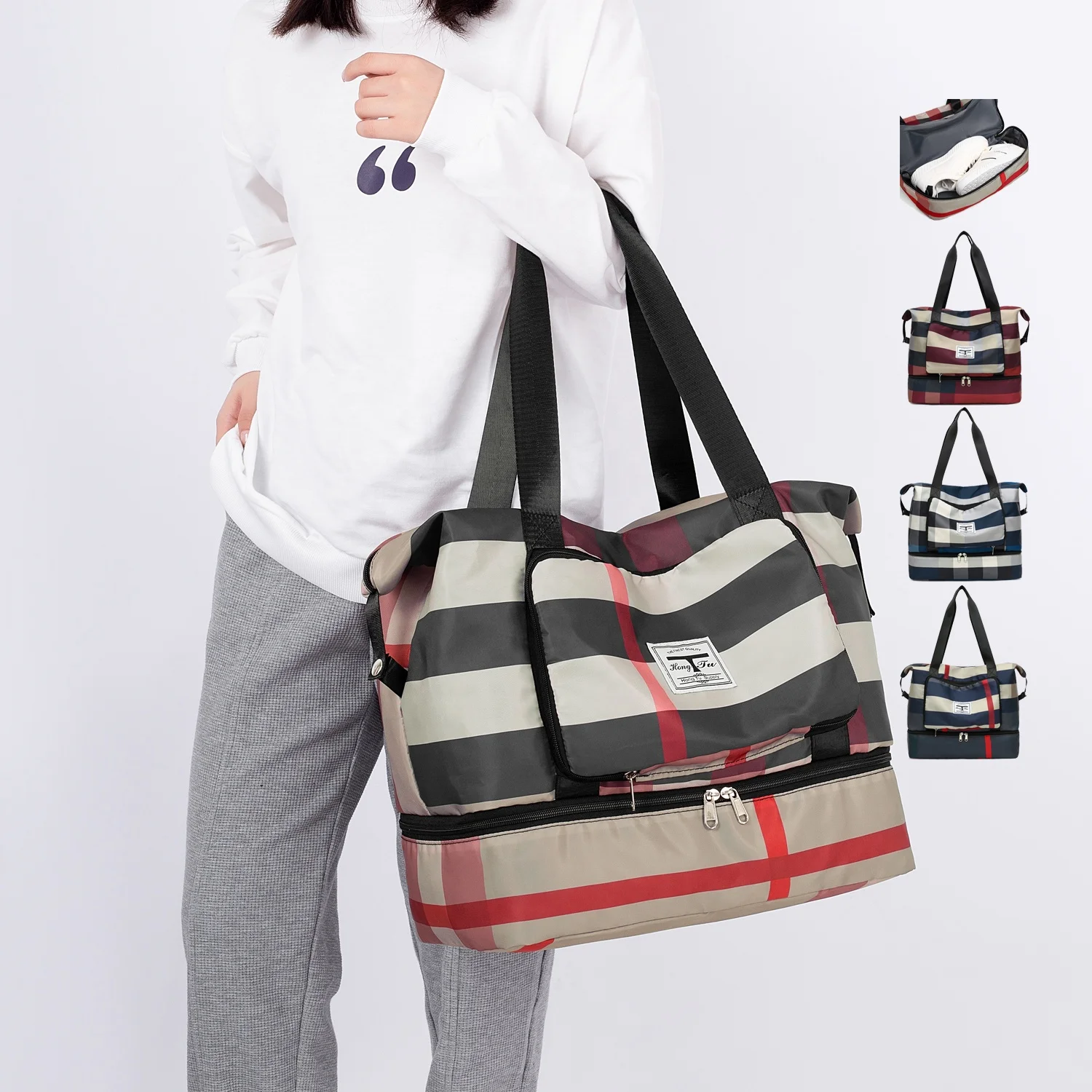 

Foldable Sneaker Ladies Hand Carry Plaid Colorful Large Capacity Waterproof Weekend Tote Duffle Travel Bag with Shoe Compartment
