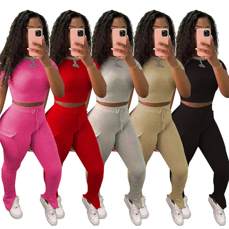 

Sexy Two Piece Set Short Sleeve Crop Top+Stacked Spilt Leggings Tracksuit Streetwear Summer Clothing Matching Sets, As picture