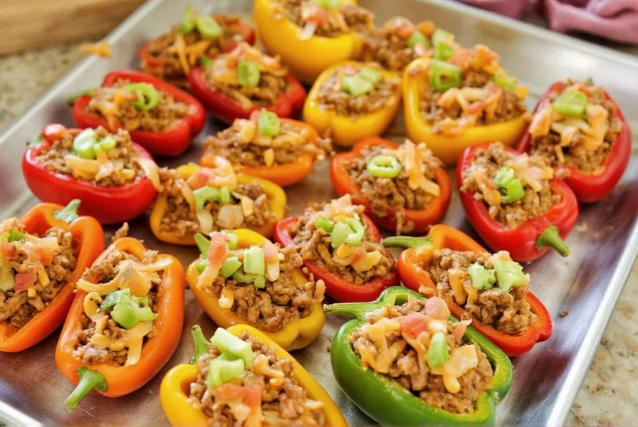 Colorful mini bell peppers filled with taco meat, cheese, and toppings arranged on a baking sheet