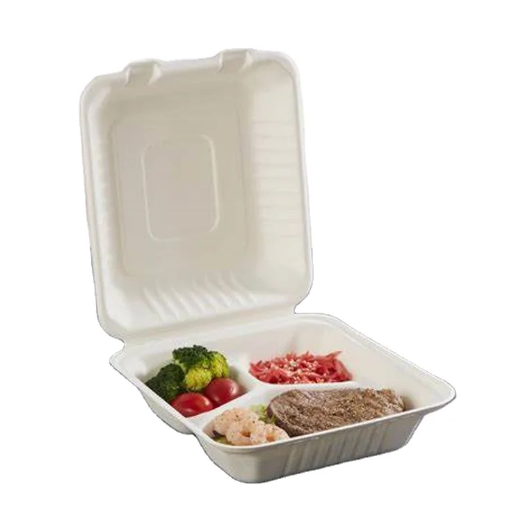 

Disposable Bagasse Clamshell 8'' 3 Compartment Sugarcane Biodegradable Food Container Clamshell Box