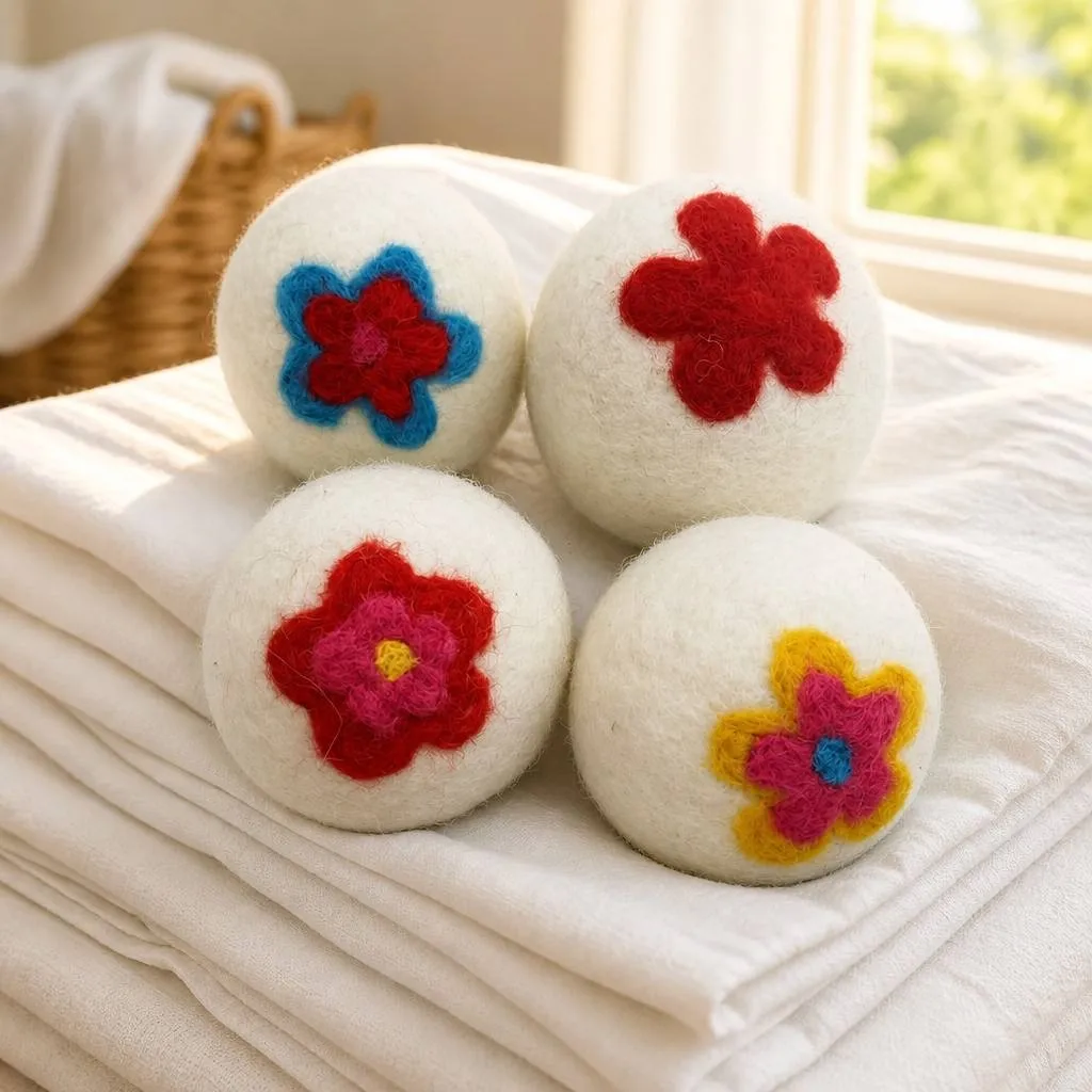 Set of 4 Flower Dryer Balls on Towels