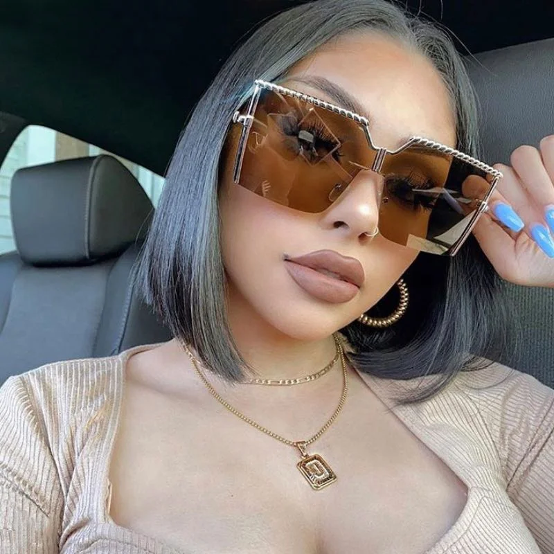 

B8202 High Quality Fashion One Piece Spiral Half Frame Metal Square Oversized Sunglasses, 7 colors
