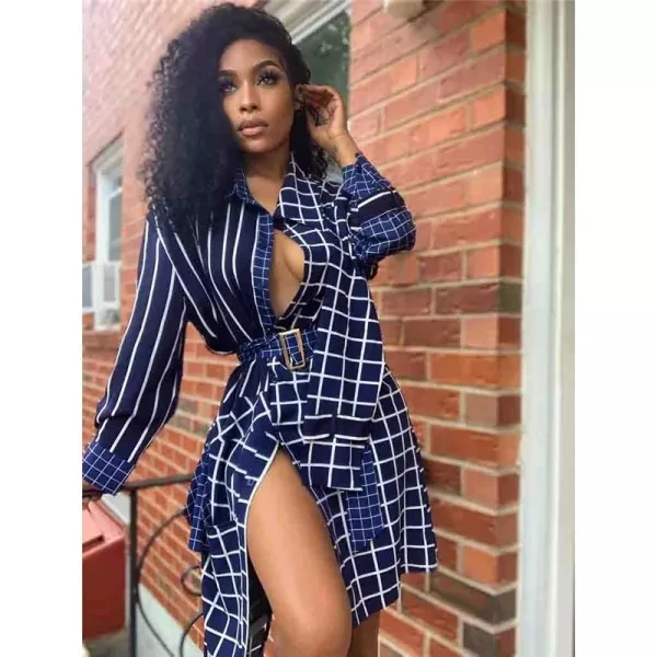

A3990 2020 High Quality Blue Striped Plaid Belted Elegant Women Casual Dress