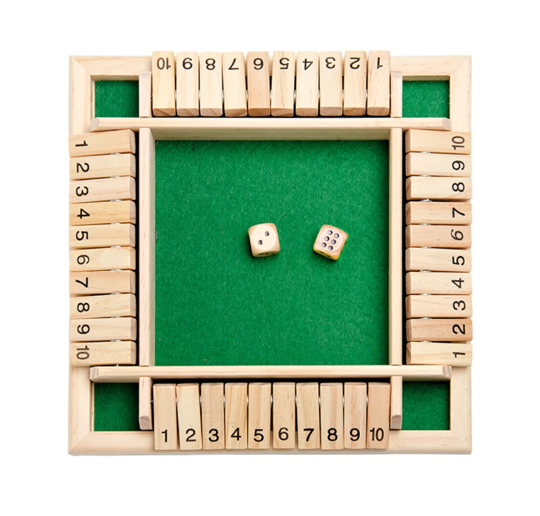 

4-Way Shut The Box Dice Game (2-4 Players) for Kids Adults 4 Sided Large Wooden number board game with Dice