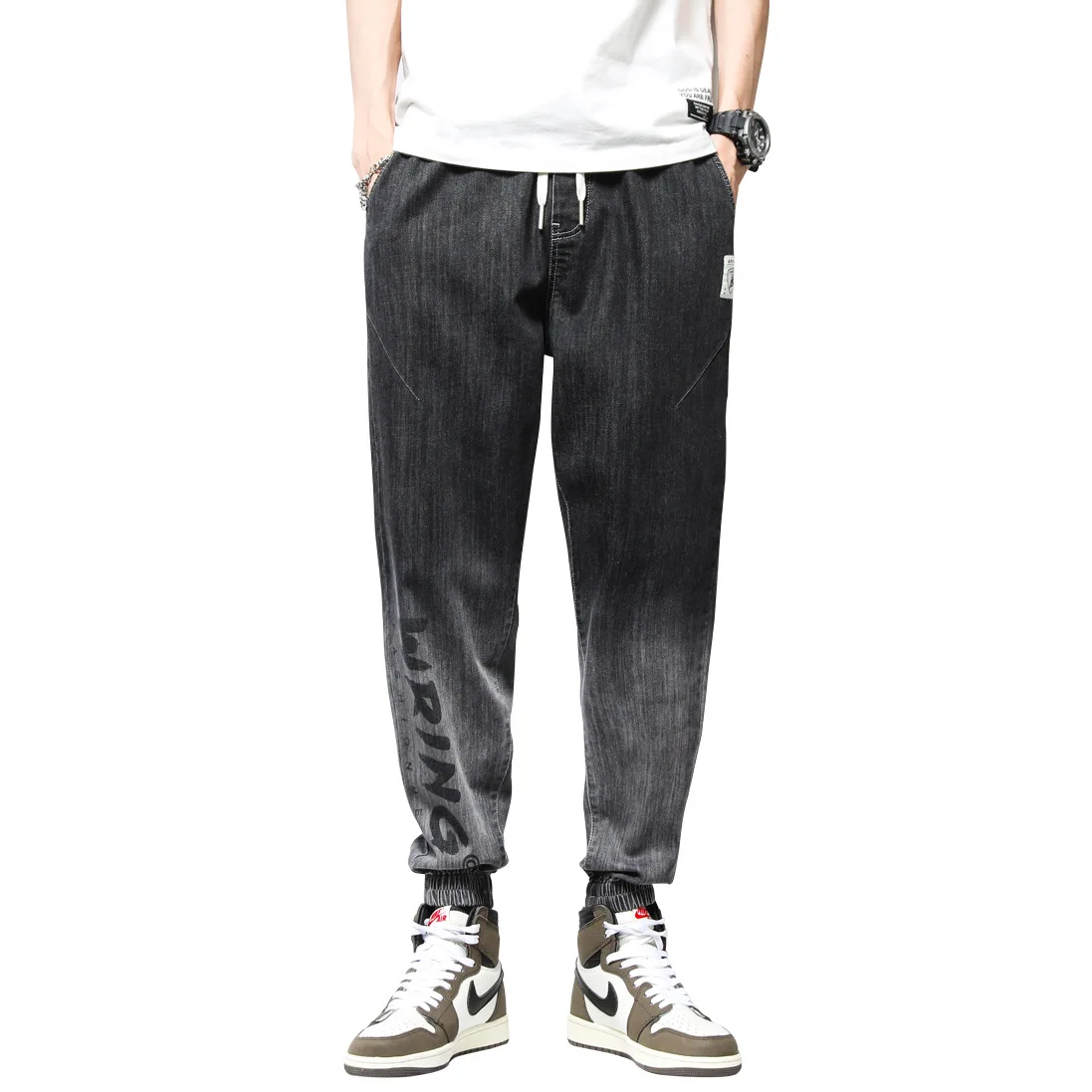 

Korean wide leg printed jeans men's loose straight tube student fashion daddy pants legged Capris, As the picture shows