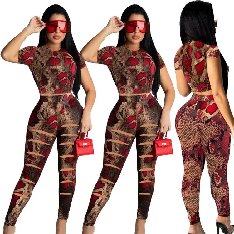 

D96780 Good Quality Short Sleeves Snake Printed Sexy New Womens Clothes Two Piece Pants Set 2021 Women 2 Piece Set