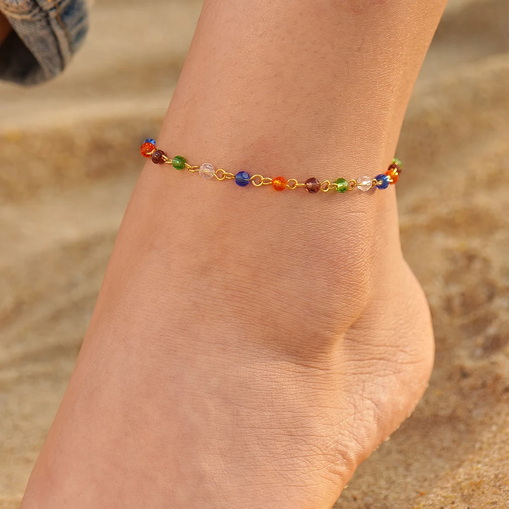 

18k Gold Planted Stainless Steel Foot Jewelry Tiny Colorful Glass Beads Anklet For Women