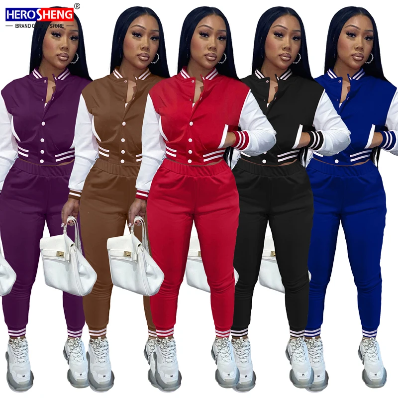 

2021 Wholesale sport wear jogging suits patchwork Buttons jacket set women sweatsuit set tracksuit two piece set tracksuit