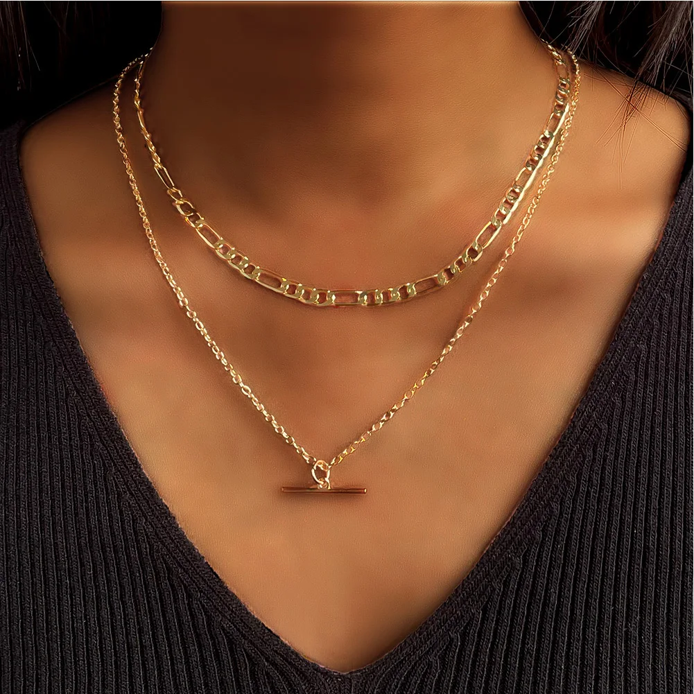 

High Quality Simple Design Double Chain Paperclip Link Pure Gold Plated Necklace With Bar