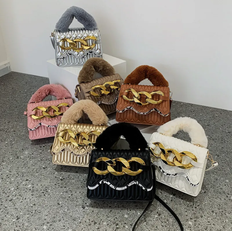 

Wholesale cheap fur handbags small thick chain shoulder purse female 2021 new tide cross-body bags, 7 colors
