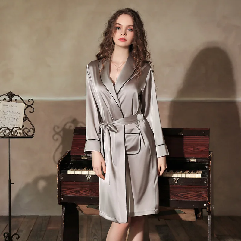 

100% silk pajama Luxury Long Sleeve Solid Pour Femme Bridal Robe Belted Wrap women silk robe Robe, As below