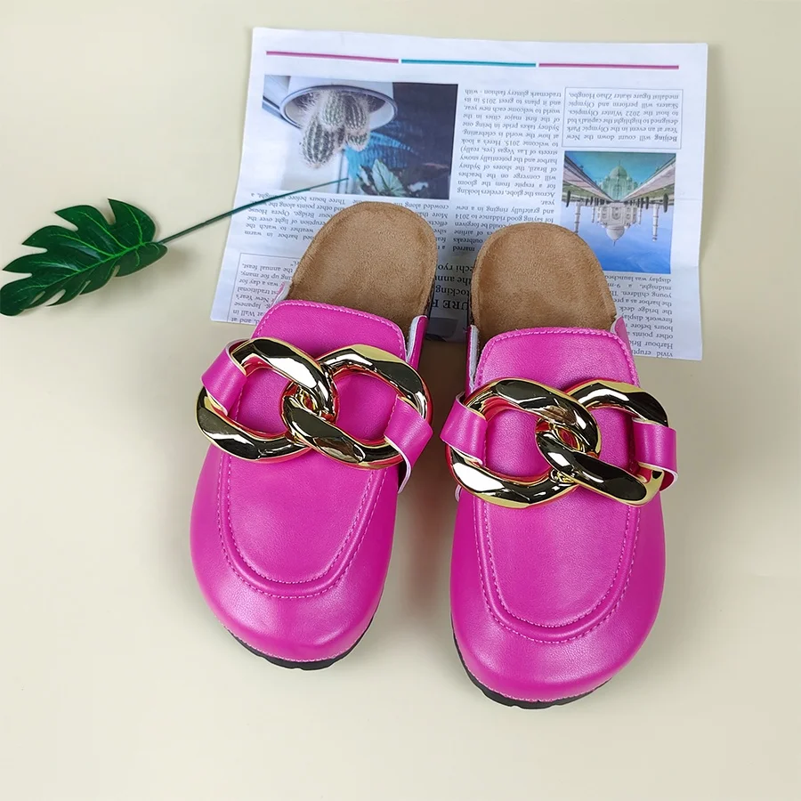 

2021 Fashion Style Ladies Close Toe Flat Cork Rose Red Leather Two Big Double Buckles Ring Women's Sandals, Colors