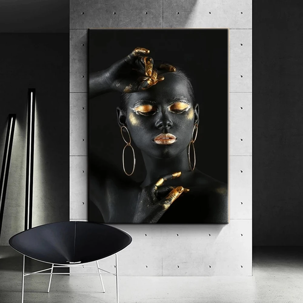 

Frameless black nude African woman with gold fingers and lips canvas painting wall art makeup woman home decoration gift