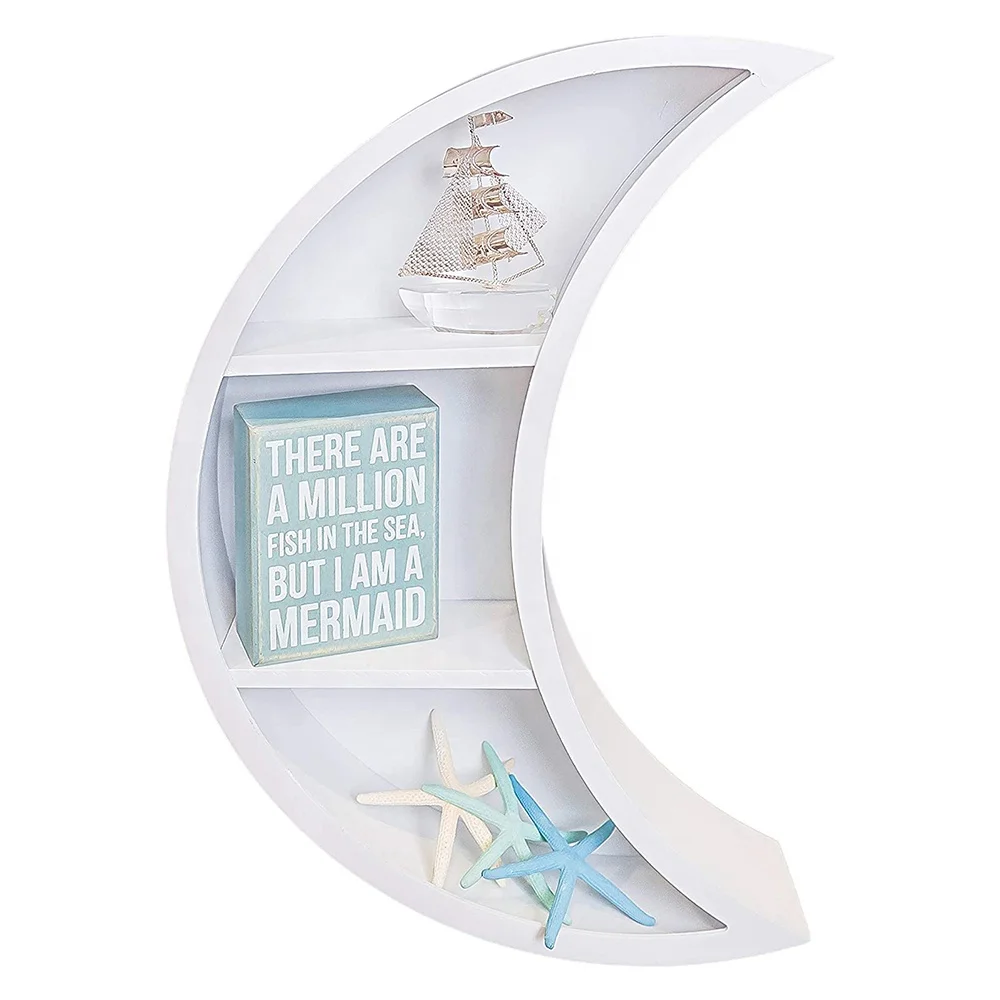 

Wooden Floating Moon Shelf - Decorative Crescent-Shaped Wall Storage Perfect for Bedroom, Living Room, Nursery, Kitchen - White, Rustic