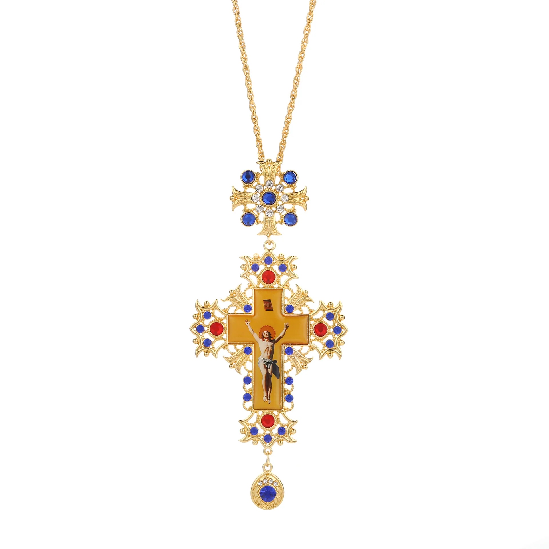 

Hot Selling Alloy Gold Plated Orthodox Russian Pectoral Cross With Jesus Icon Necklace Cross Diamond Pendant Necklace, Picture