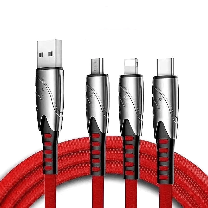 

New 3A Multi-Interface Data Cable Mobile Phone Charger Hot Alloy Braided Micro USB/C-Type/IOS 3-in-1 Charging Cable, Red